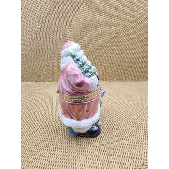 Christmas Decor Trinket Box Santa Claus with Gifts Hinged Porcelain Pink Gold 7" - Picture 5 of 9